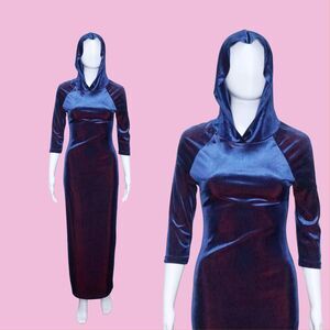 1990s-Y2K VON MOZART Color Shifting. Velvet. 3/4 Sleeve Dress W/HOOD. XS-S As Is